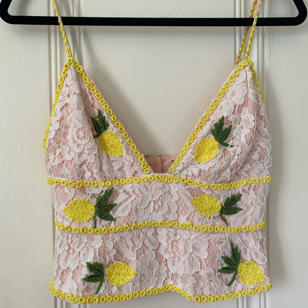 NBD Pink Lace Top with Yellow and Green Accents